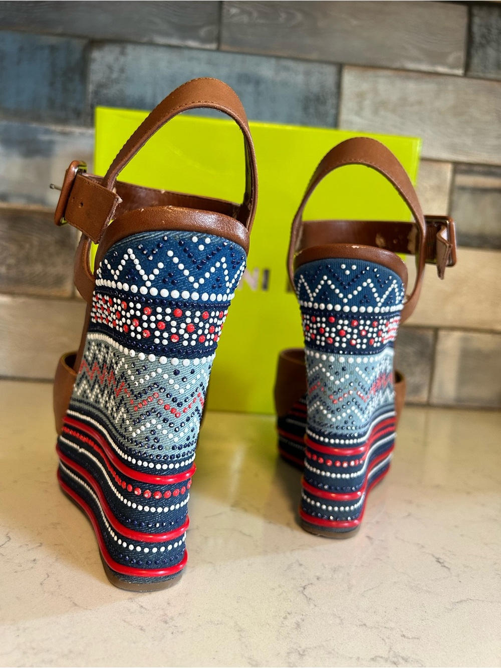 Gianni Bini Tama Hampton Tan Leather Platform Wedge Sandals - Picture 4 of 15